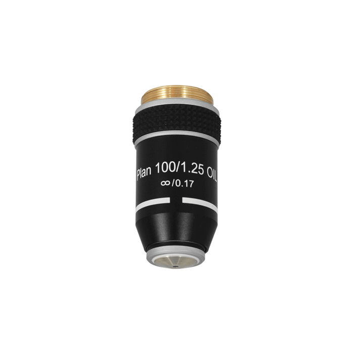 100X Infinity-Corrected Plan Achromatic Microscope Objective Lens, SKU BM04043831, three quarter front view