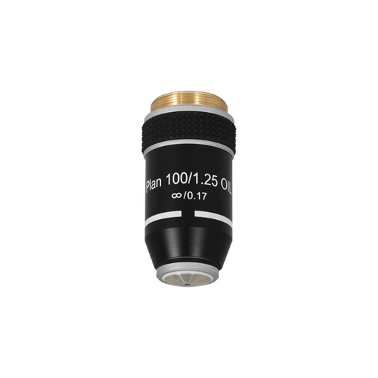 100X Infinity-Corrected Plan Achromatic Microscope Objective Lens, SKU BM04043831, three quarter front view