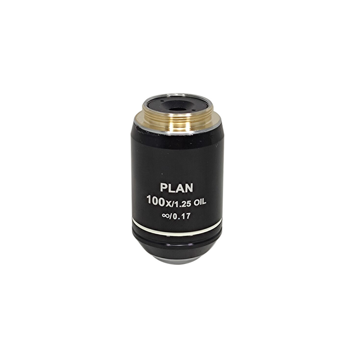 100X Infinity-Corrected Plan Achromatic Microscope Objective Lens, SKU BM05073832, three quarter front view