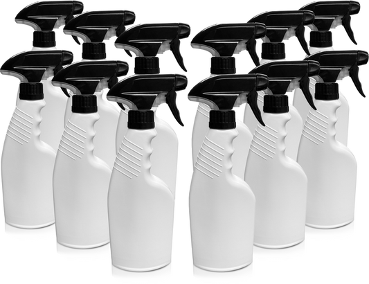 12  white plastic spray bottles with black nozzles.