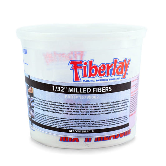 Plastic bucked of 1/32" milled fibers to be used with resin. Glass filaments coated with a specific sizing to enhance resin compatibility