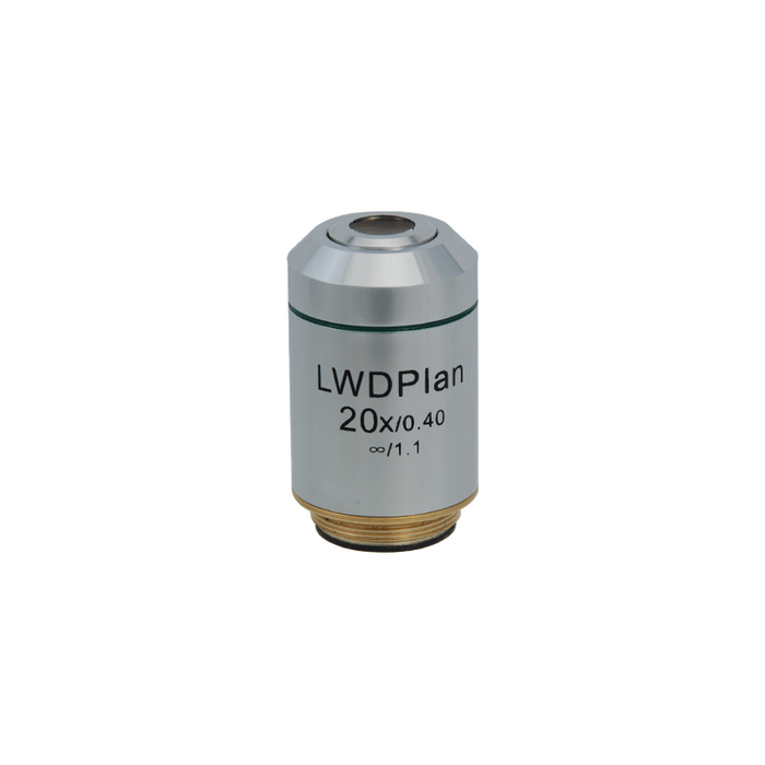 20X Infinity-Corrected Long Working Distance Plan Achromatic Microscope Objective Lens Working Distance 7.97mm, SKU BM03033431, three quarter front view
