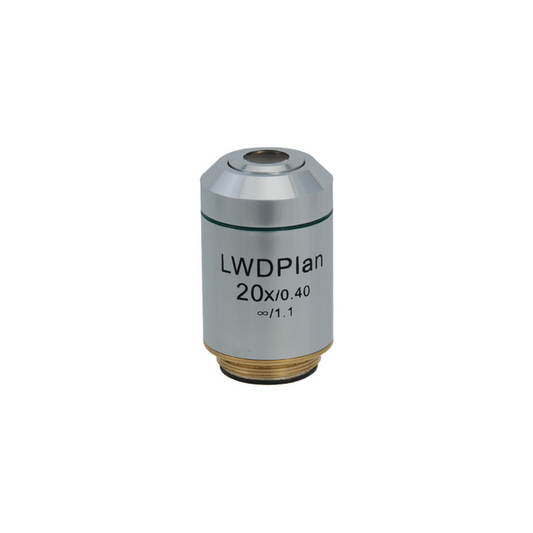 20X Infinity-Corrected Long Working Distance Plan Achromatic Microscope Objective Lens Working Distance 7.97mm, SKU BM03033431, three quarter front view