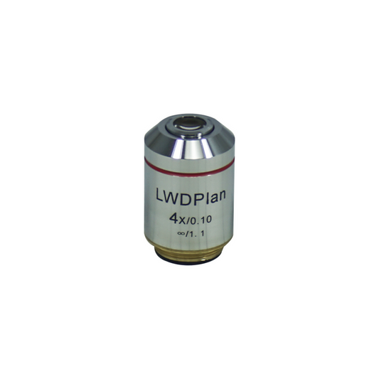 4X Infinity-Corrected Long Working Distance Plan Achromatic Microscope Objective Lens Working Distance 11.98mm, SKU BM03033231, three quarter front view