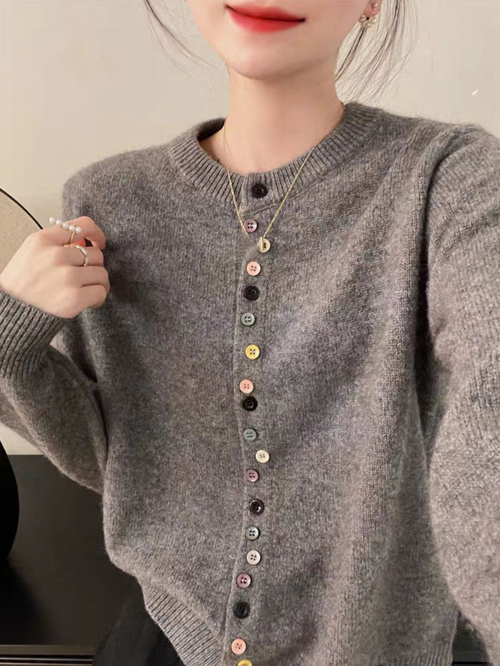 Aaliyah elegant buttoned knit cardigan shown in gray, red and white