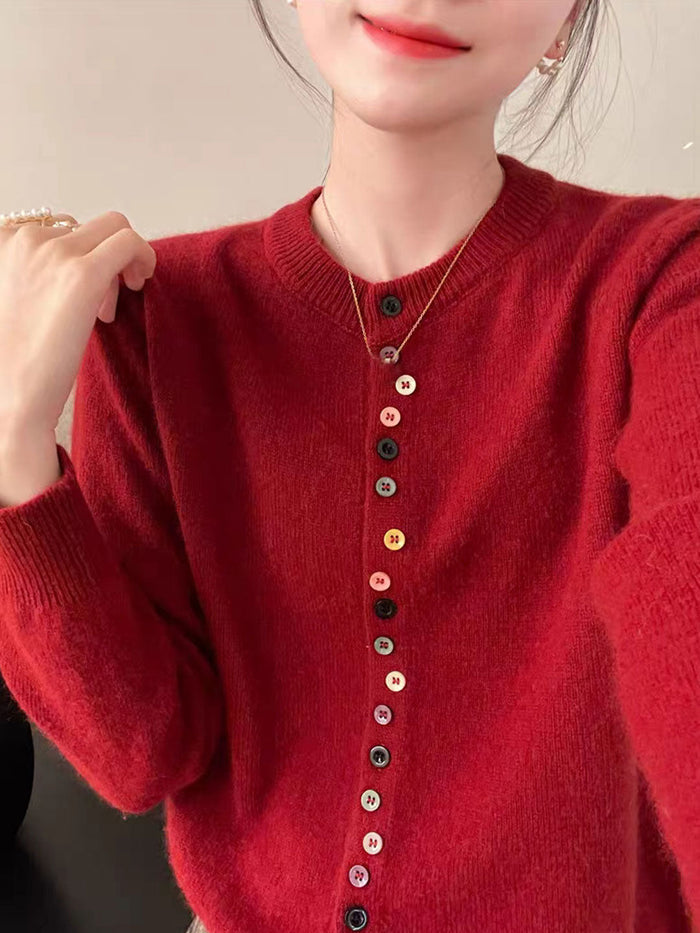 Aaliyah elegant buttoned knit cardigan shown in gray, red and white