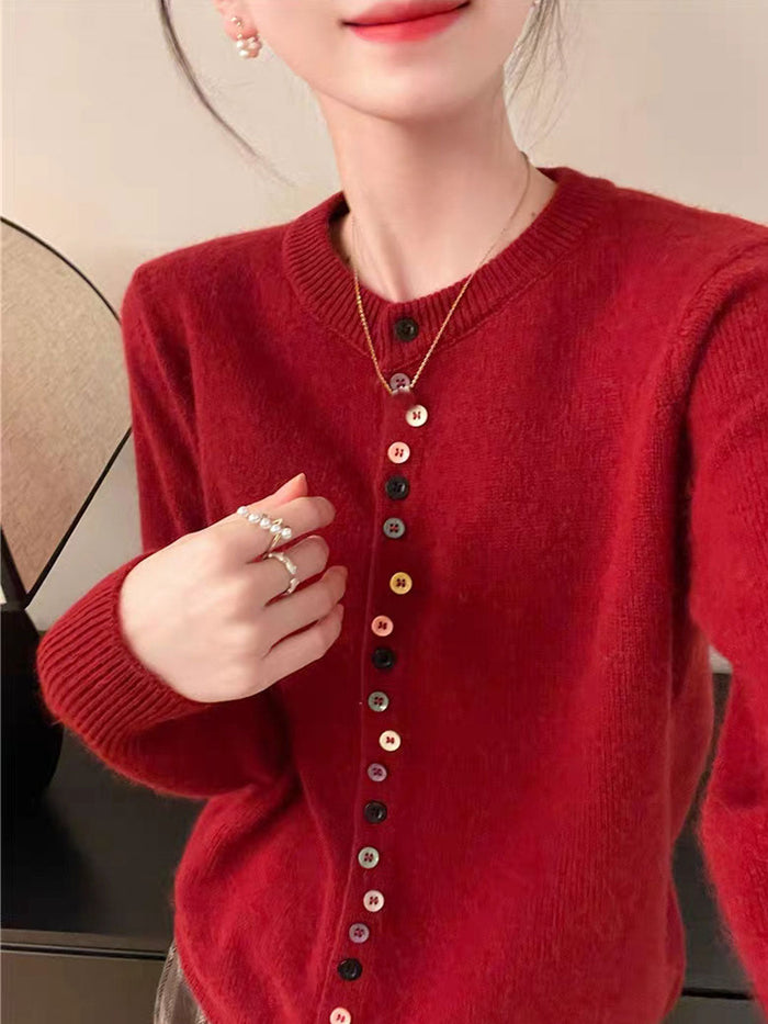 Aaliyah elegant buttoned knit cardigan shown in gray, red and white