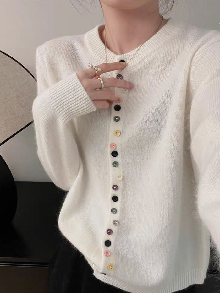 Aaliyah elegant buttoned knit cardigan shown in gray, red and white