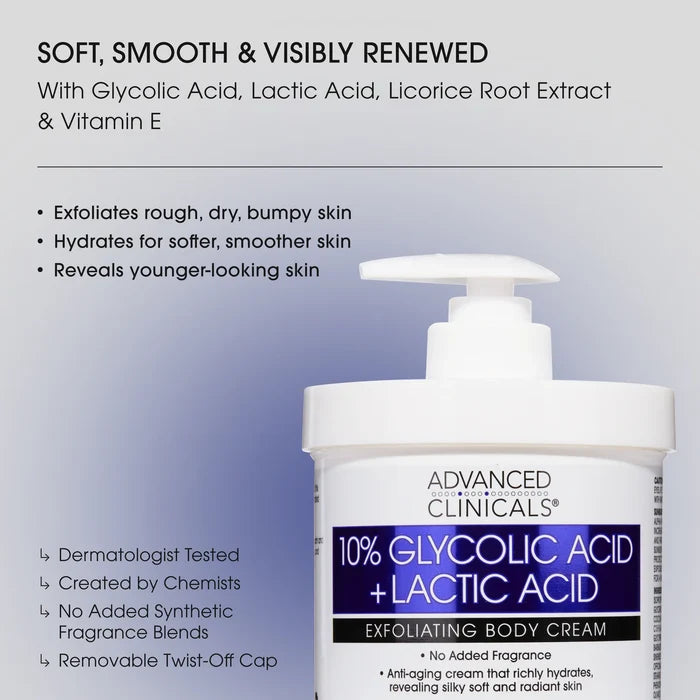 ADVANCED CLINICALS 10% Glycolic Acid Lactic Acid Body Cream مرطب بالكلايكوليك اسد واللاكتيك اسد من ادفانسد كلينيكالز