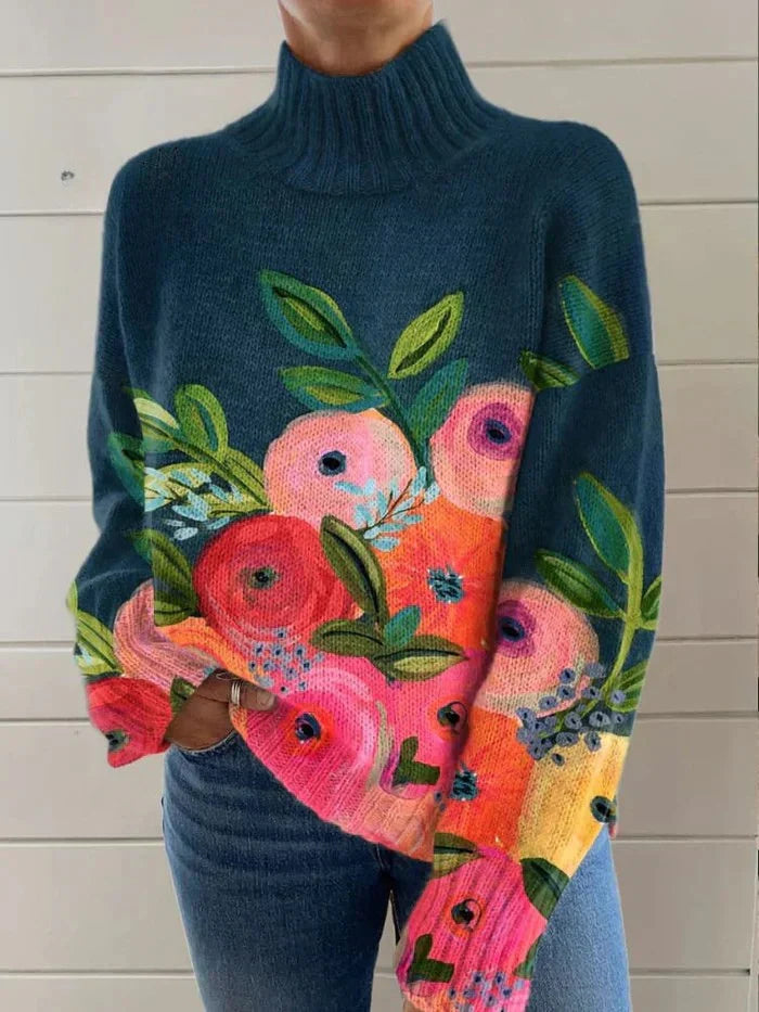 Aleah retro floral pattern turtleneck sweater for women