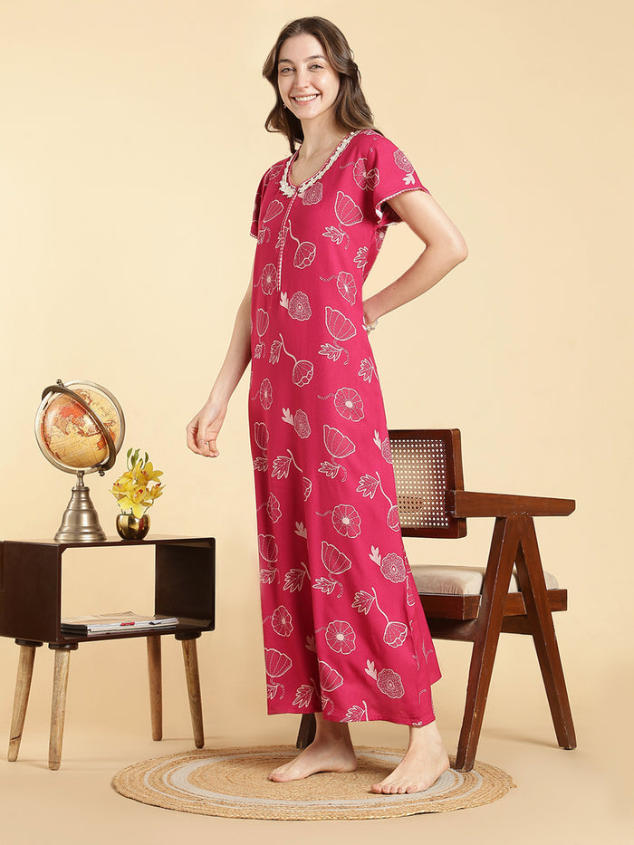 Daisy pink alpine floral a-line front open nighty
