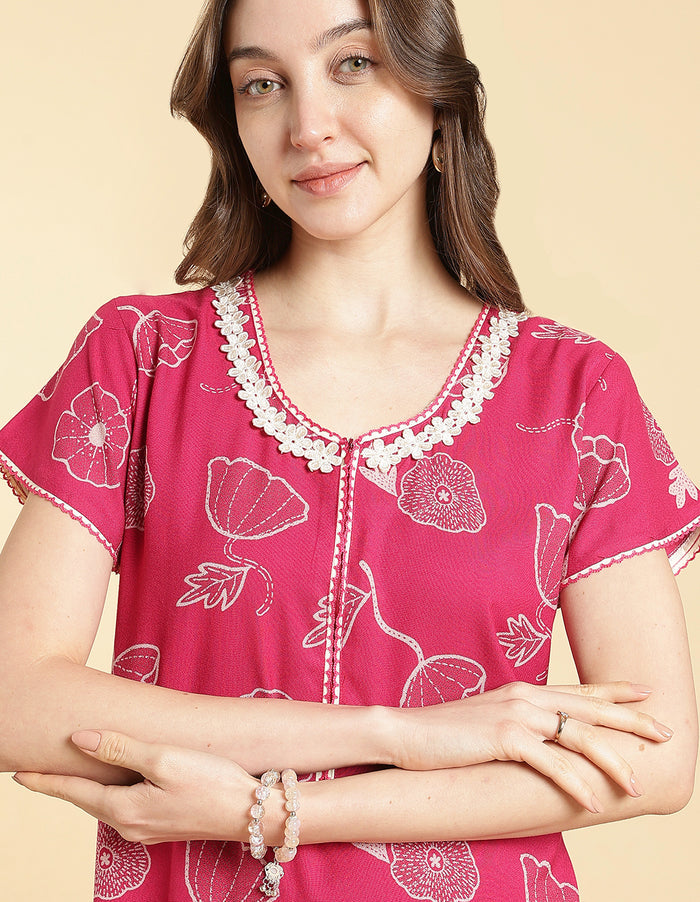 Daisy pink alpine floral a-line front open nighty