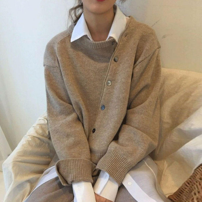 Alycia asymmetric button cardigan in a relaxed fit, shown in a neutral color