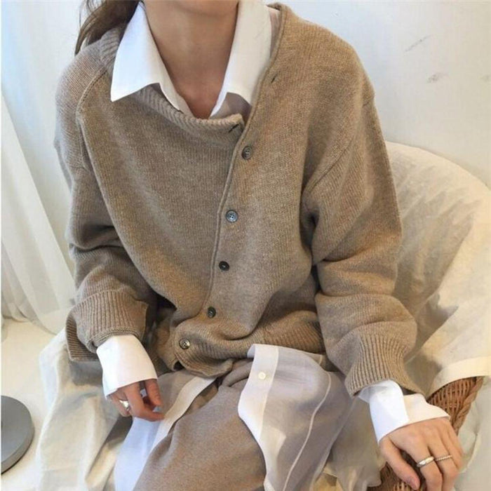 Alycia asymmetric button cardigan in a relaxed fit, shown in a neutral color