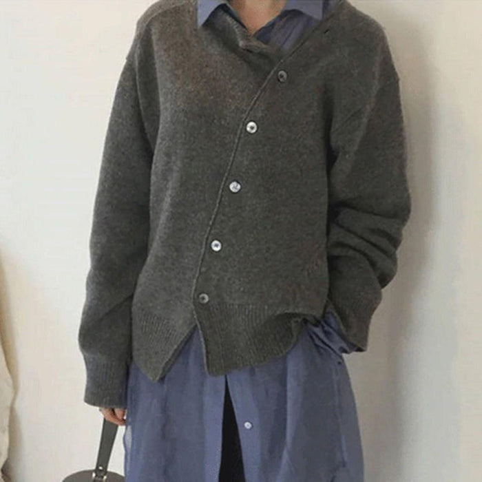 Alycia asymmetric button cardigan in a relaxed fit, shown in a neutral color