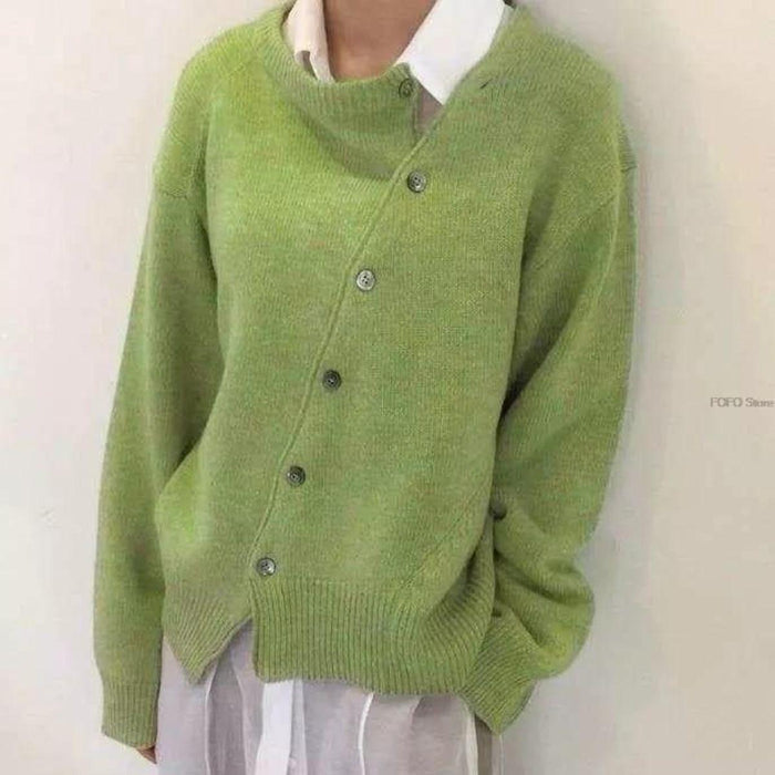 Alycia asymmetric button cardigan in a relaxed fit, shown in a neutral color
