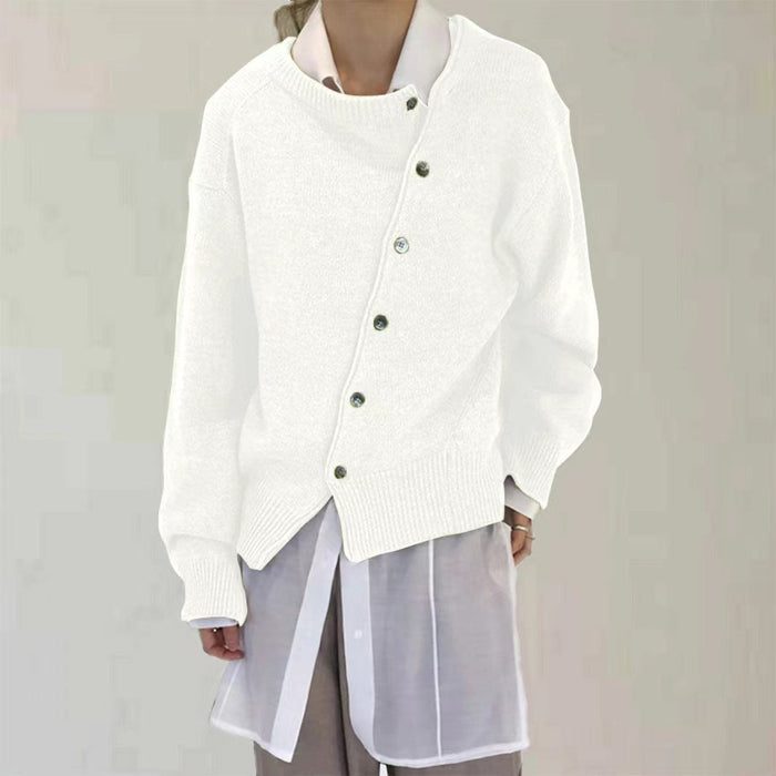 Alycia asymmetric button cardigan in a relaxed fit, shown in a neutral color