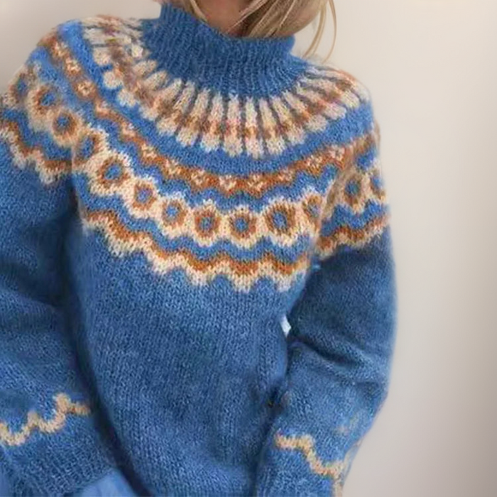 Amara Icelandic-style patterned knit sweater shown in orange, gray, blue and khaki