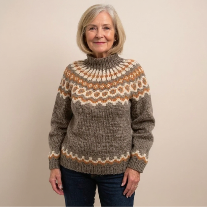 Amara Icelandic-style patterned knit sweater shown in orange, gray, blue and khaki