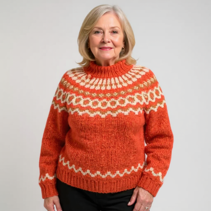 Amara Icelandic-style patterned knit sweater shown in orange, gray, blue and khaki