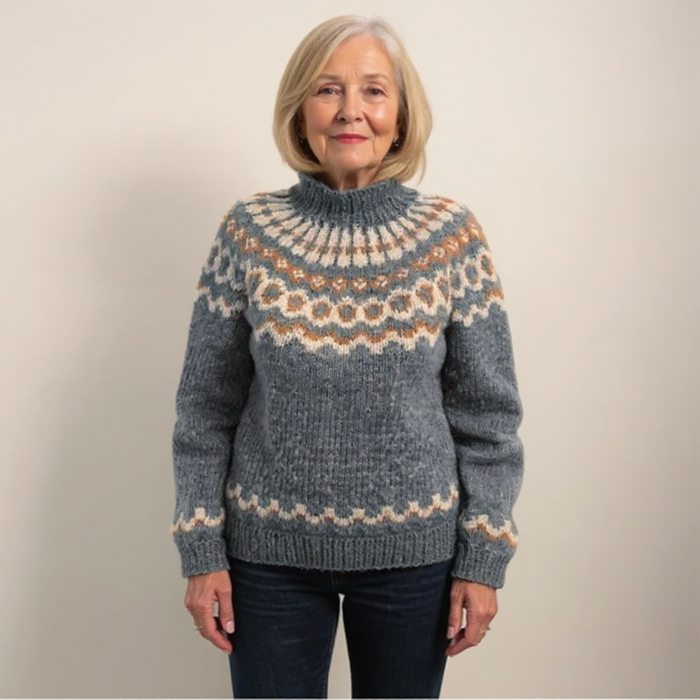 Amara Icelandic-style patterned knit sweater shown in orange, gray, blue and khaki