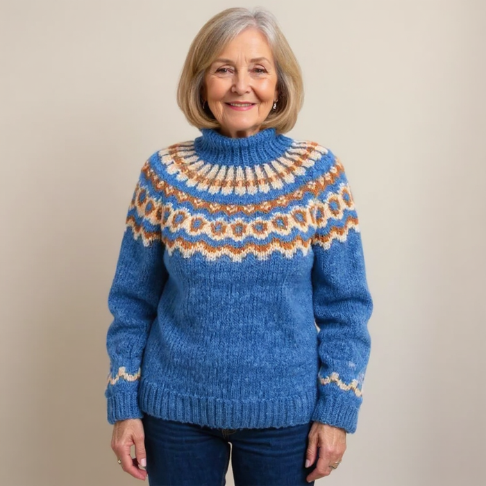 Amara Icelandic-style patterned knit sweater shown in orange, gray, blue and khaki