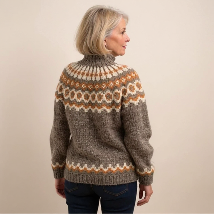 Amara Icelandic-style patterned knit sweater shown in orange, gray, blue and khaki