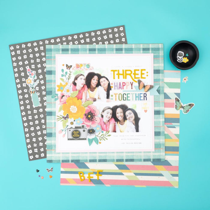 American Crafts - Ephemera Die-Cuts 66/Pkg - Icons, Gold Foil - April And Ivy. Introducing April and Ivy by American Crafts- a paper collection that effortlessly combines vintage allure, eclectic flair, and vibrant energy. Available at Embellish Away located in Bowmanville Ontario Canada. Example by brand ambassador.