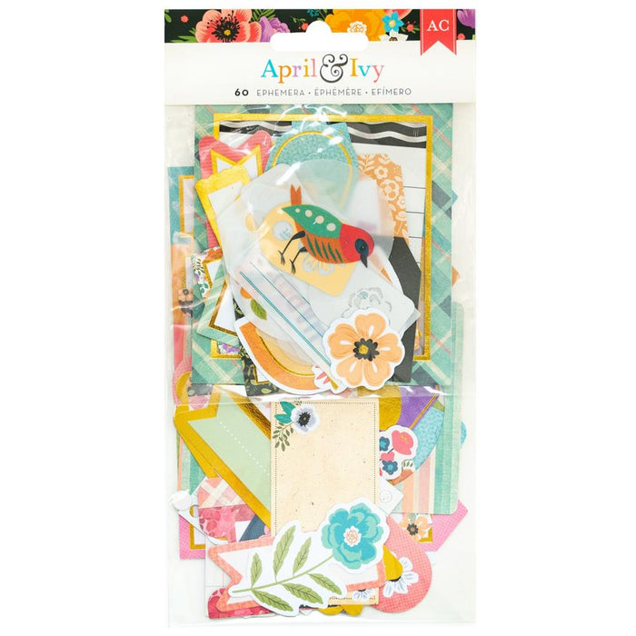American Crafts -  Ephemera Die-Cuts 66/Pkg - Journaling, Gold Foil - April And Ivy. Introducing April and Ivy by American Crafts- a paper collection that effortlessly combines vintage allure, eclectic flair, and vibrant energy. Available at Embellish Away located in Bowmanville Ontario Canada.