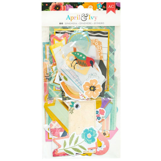 American Crafts -  Ephemera Die-Cuts 66/Pkg - Journaling, Gold Foil - April And Ivy. Introducing April and Ivy by American Crafts- a paper collection that effortlessly combines vintage allure, eclectic flair, and vibrant energy. Available at Embellish Away located in Bowmanville Ontario Canada.