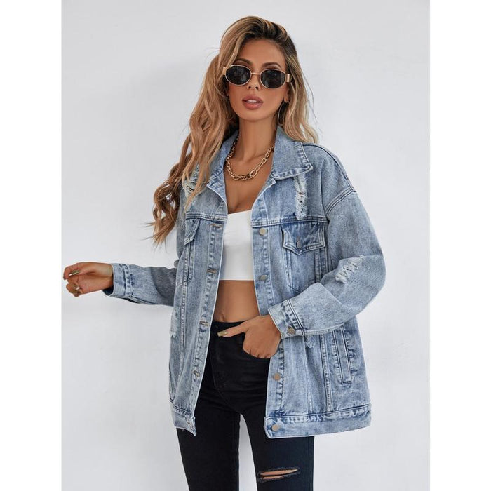 Amiyah ripped fringe denim jacket with pockets in dark blue
