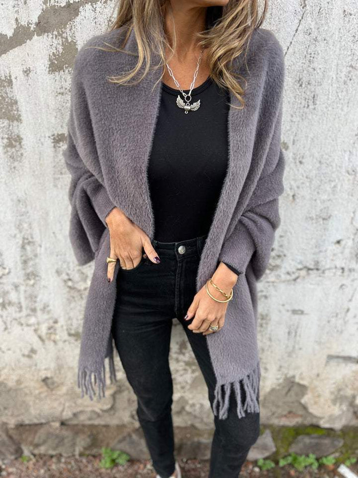 Aoibhe elegant open-front drape cardigan with fringe detailing in a relaxed fit