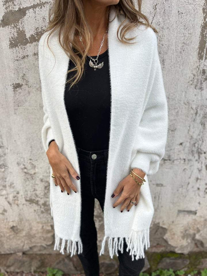 Aoibhe elegant open-front drape cardigan with fringe detailing in a relaxed fit