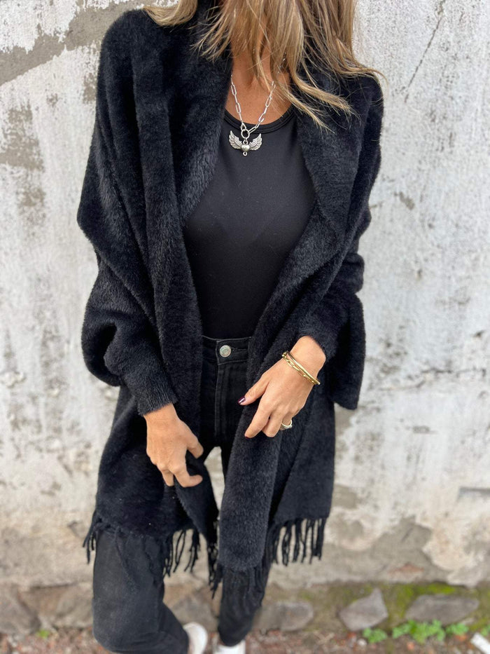 Aoibhe elegant open-front drape cardigan with fringe detailing in a relaxed fit