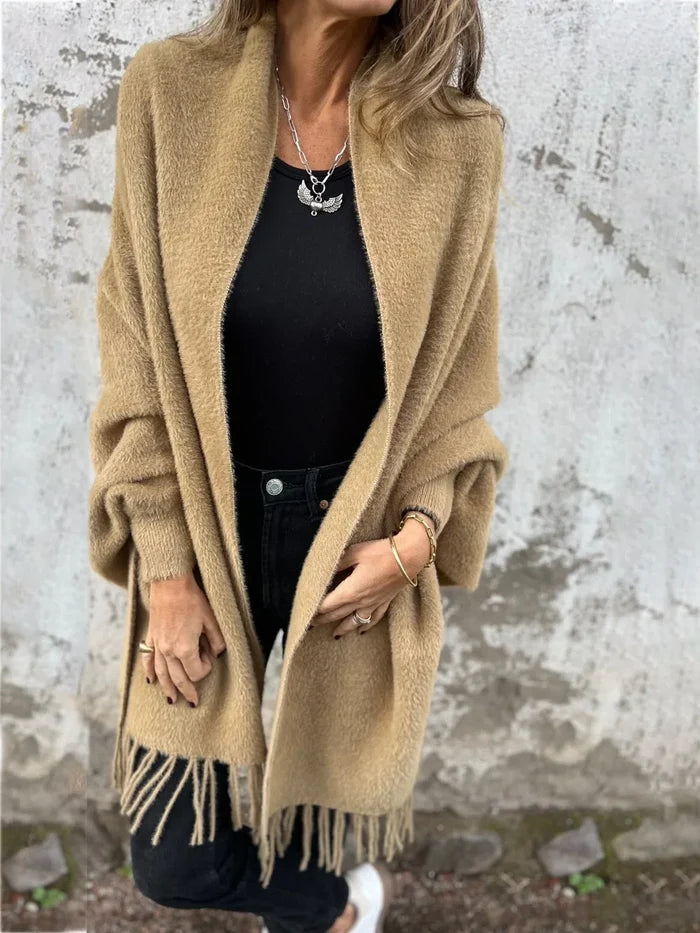 Aoibhe elegant open-front drape cardigan with fringe detailing in a relaxed fit