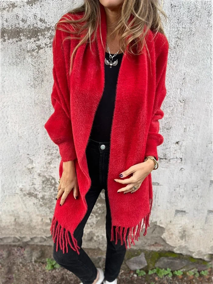 Aoibhe elegant open-front drape cardigan with fringe detailing in a relaxed fit