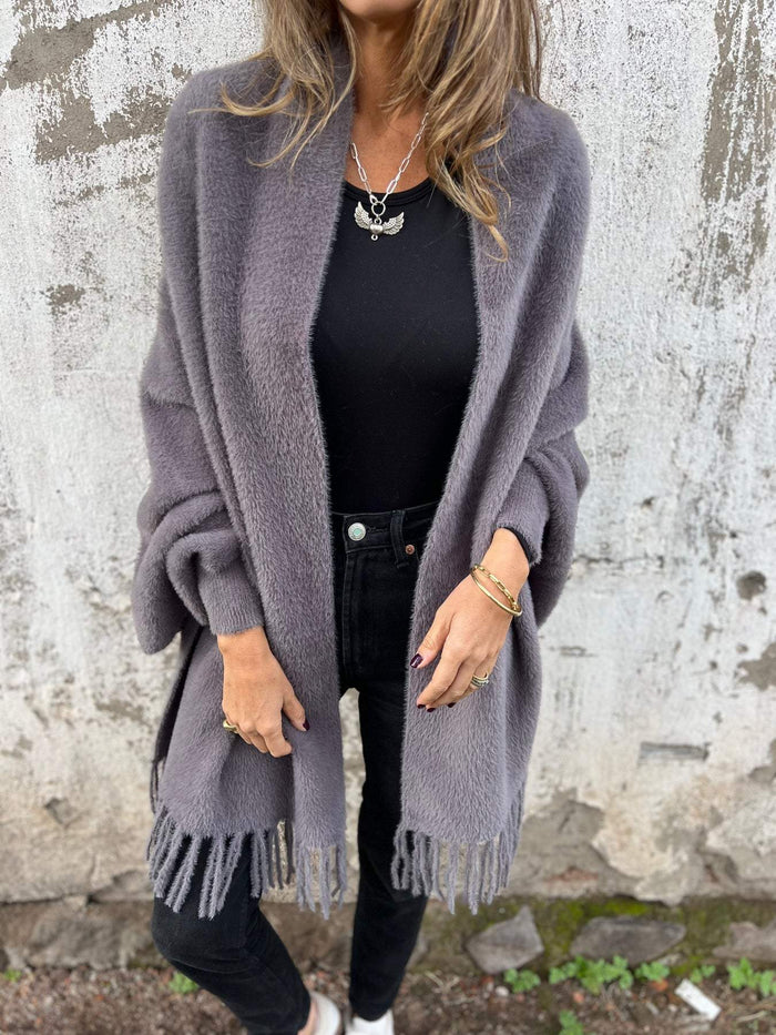 Aoibhe elegant open-front drape cardigan with fringe detailing in a relaxed fit