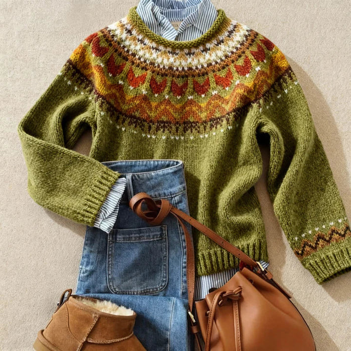 Green vintage Nordic pattern knit sweater with relaxed fit