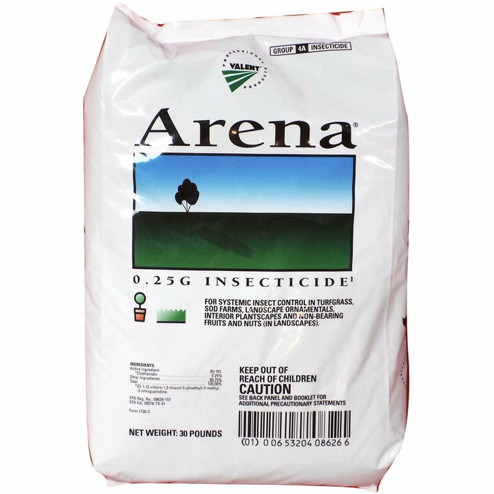 Arena 0.25G Granular Insecticide, 30 lb bag with white packaging and landscape graphic.