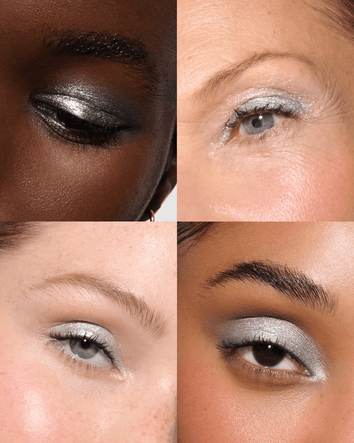 block2 Close-up of four models' eyes,  wearing Aria Liquid Lurex Liquid Eyeshadow, a true, cool, clear silver.