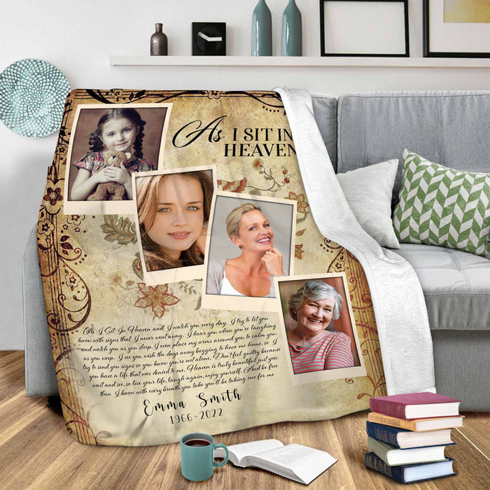 As I Sit In Heaven Memorial Blankets For Loss Of Mother, Custom Photo Collage Blanket For Mothers Day Gifts, Grief Blanket