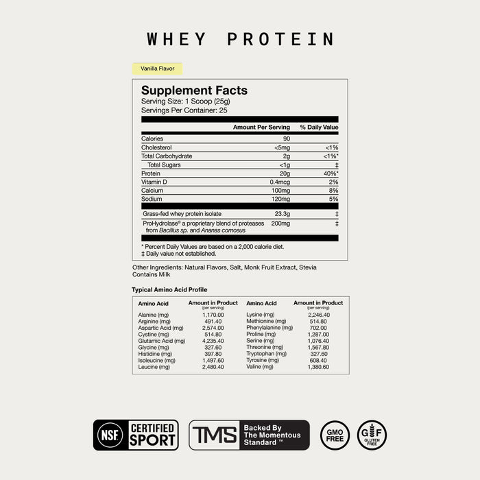 Momentous Whey Protein Vanilla Supplement Facts. Serving Size: 1 Scoop (25g), 25 Servings. Calories 90, Protein 20g (40%), Grass-fed whey protein isolate 23.3g, ProHydrolase 200mg. Other Ingredients: Natural Flavors, Salt, Monk Fruit Extract, Stevia. Contains Milk. Includes full amino acid profile. NSF Certified for Sport. Backed by The Momentous Standard. GMO Free, Gluten Free.