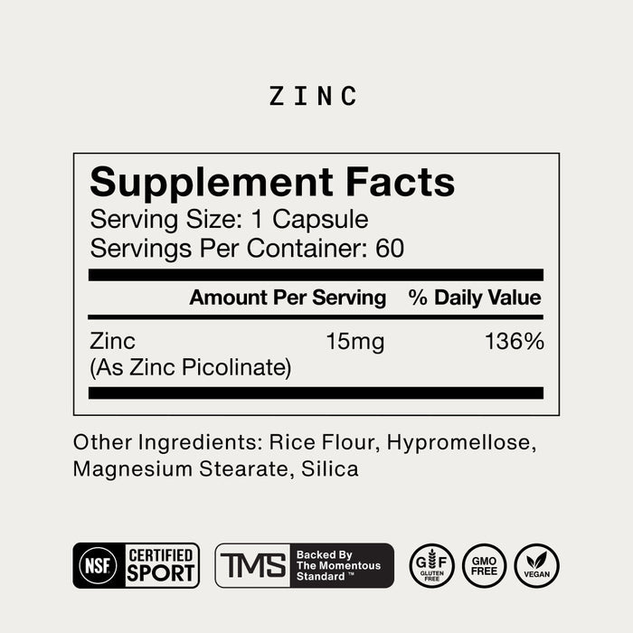 Label titled “Zinc Supplement Facts.” Serving Size: 1 capsule. Servings Per Container: 60. Zinc (as zinc picolinate): 15 mg (136% daily value). Other ingredients: Rice flour, hypromellose, magnesium stearate, silica. Icons indicate NSF Certified Sport, TMS (Momentous Standard), gluten free, GMO free, and vegan.