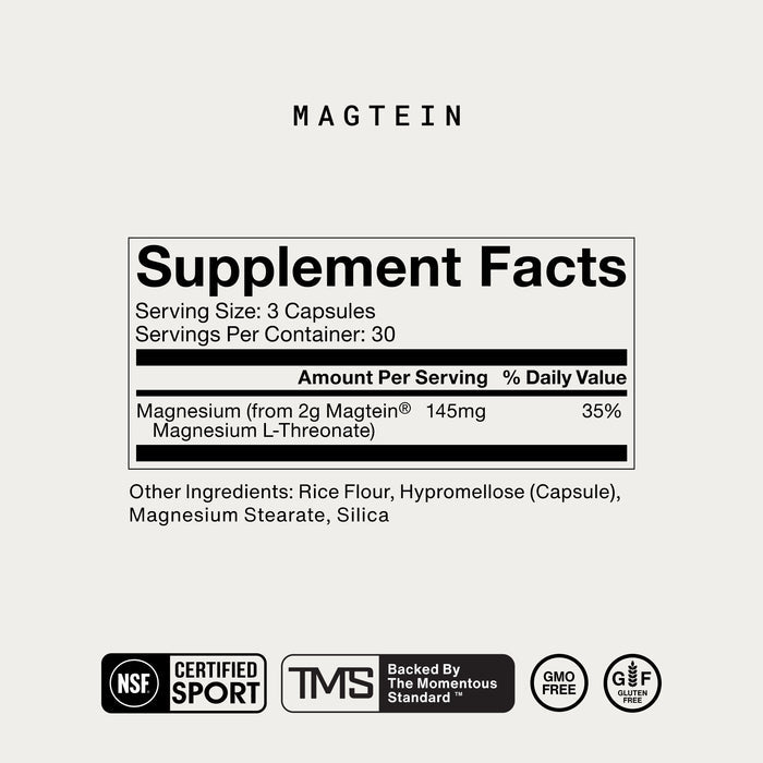 Magtein supplement facts panel. Serving size: 3 capsules, 30 servings per container. Magnesium from 2g Magtein Magnesium L-Threonate: 145mg, 35% DV. Other ingredients: Rice Flour, Hypromellose, Magnesium Stearate, Silica. NSF Certified Sport, GMO Free, Gluten Free.