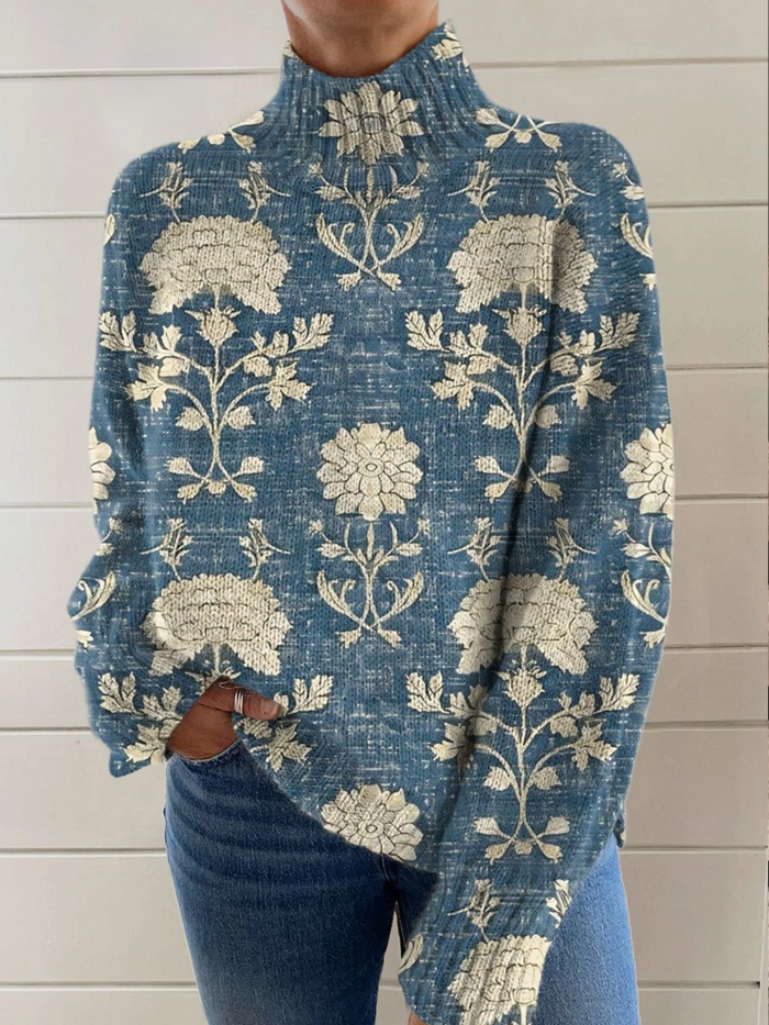 Aubrie vintage floral crochet turtleneck sweater in a soft knit texture