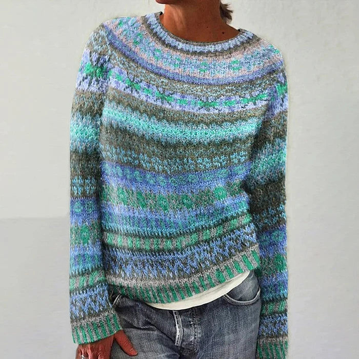Audrey timeless Icelandic knit sweater with vibrant patterned design for women