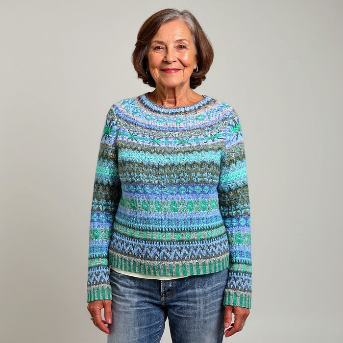 Audrey timeless Icelandic knit sweater with vibrant patterned design for women