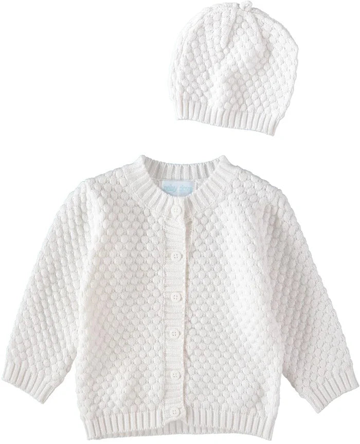Baby Dove Popcorn Knit Cardigan w/ Hat-White