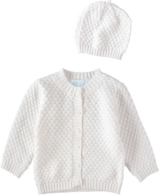 Baby Dove Popcorn Knit Cardigan w/ Hat-White