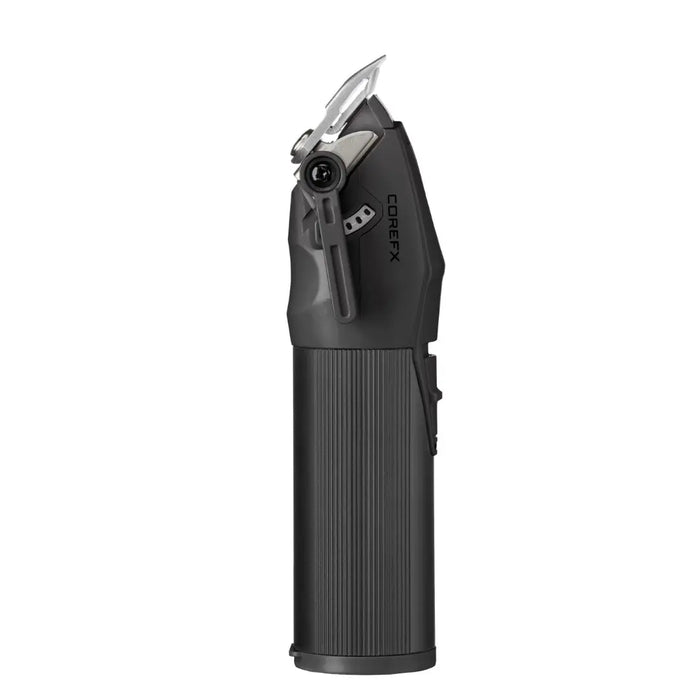A black CorEx X electric knife sharpener shown from a side profile view against a solid white background.